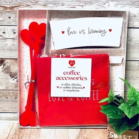 NWT 30 pc Red Set coffee accessories 10 stir sticks,10 coffee sleeves,10 napkins