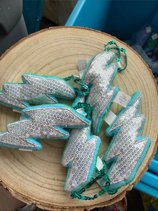 NWT set of 5 Sequin Lightning Bolts Ornaments - Silver & Turquoise