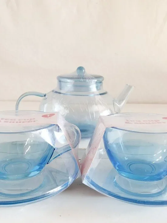 Target Valentines Day 2024 Blue Glass Teapot & Cups Set 6 Pieces
