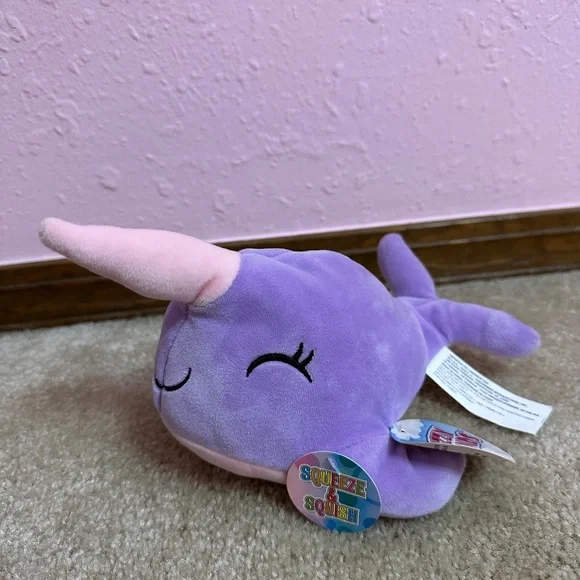 Fuzzy Friends Squeeze & Squish Unicorn Whale NARWHAL Plush Purple and Pink 8
