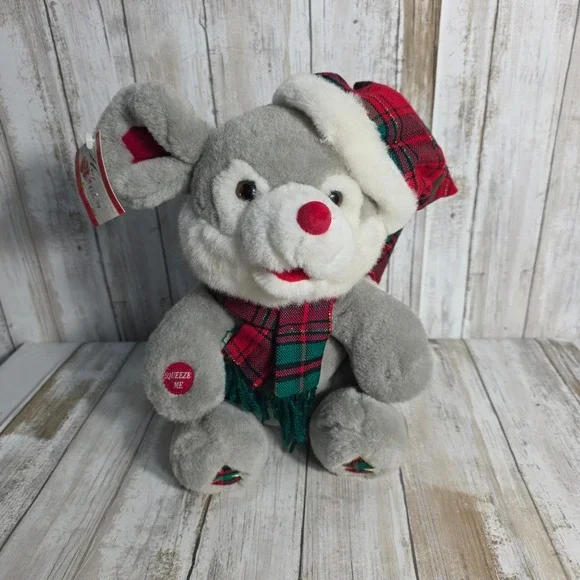 Ashten Racks Christmas Mouse Plush Grey Plaid Santa Hat Scarf Squeeze Me 12 Inch