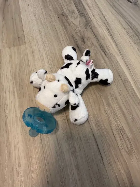 WubbaNub Black White Cow Plush Stuffed Toy With Pacifier Holder Binkie Lovey