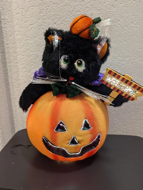 Vintage Halloween Fiber Optic Black Cat In Pumpkin Hat Cape in Pumpkin 12