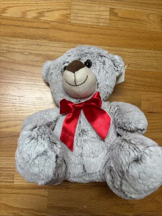 Plush Gray Teddy Bear with Red Bow - Soft Kids Toy