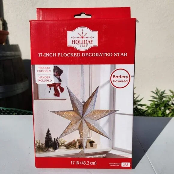 NEW Light Up Battery Operated Flocked Star Christmas Hanging Decoration Decor Ho