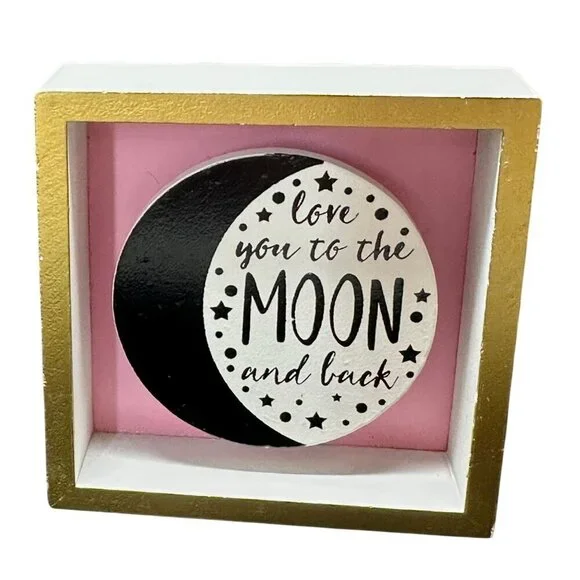 Valentines Love You To The Moon Shadow Box Sign Pink Gold Tiered Tray Decor 3D