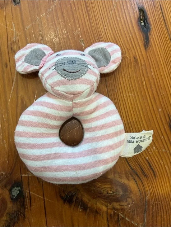 Organic Farm Buddies Pink Stripe Mouse Rattle Toy organic cotton