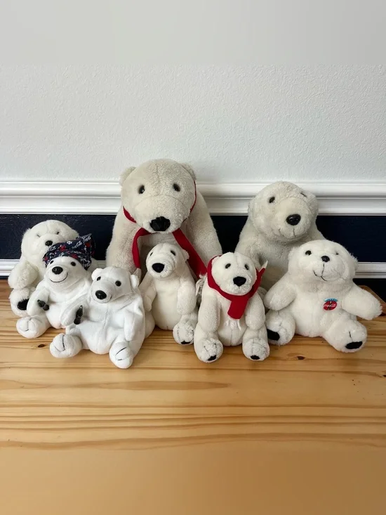 Coca Cola Polar Bears Stuffed Animals Lot of 8 Vintage