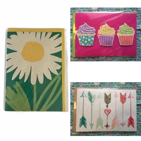 Handmade Greeting Cards Blank Glitter Daisy Flower Birthday Cupcakes Set of 3