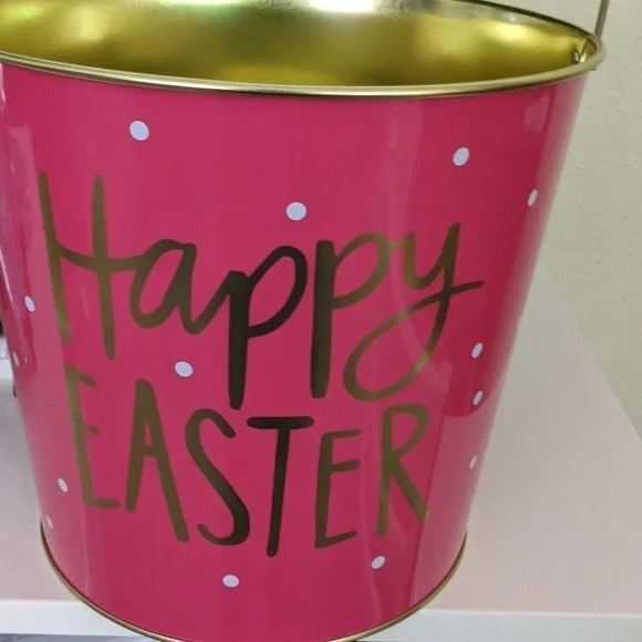 Easter Basket Bucket Pail Metal Pink Gold Polkadot Basket Roomy Egg Hunt Handle