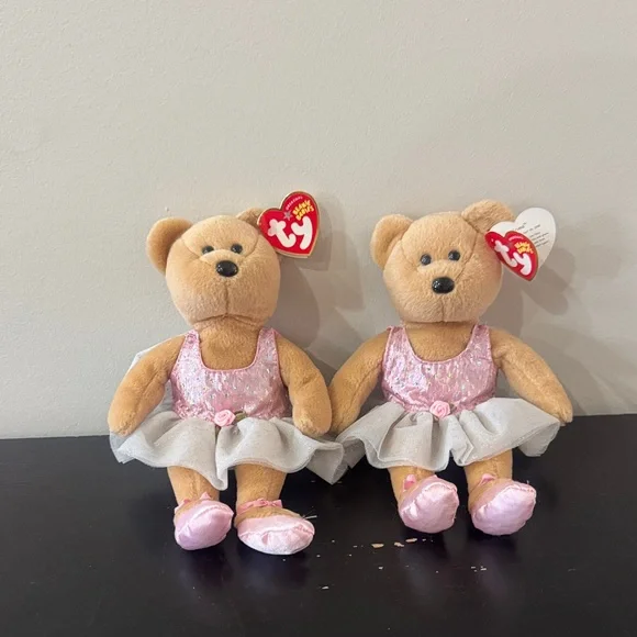 Pair of Ty Beanie Babies Pink Ballerina Bear “Prima” Plush Toy - Pink and Cream