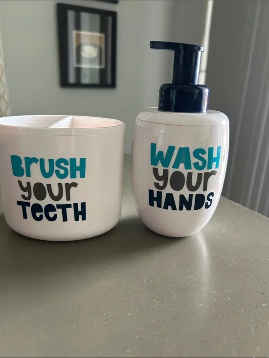White 'Wash Your Hands' Pump Dispenser And ‘Brush Your Teeth’ toothbrush holder