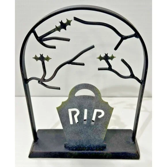 Metal Halloween RIP Tealight Candle Holder Black Tombstone Bats Graveyard Spooky