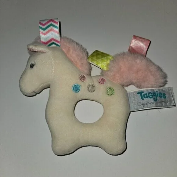 Taggies Mary Meyer Painted Pony Rattle Plush Baby Toy White Horse Ring Loop Pink