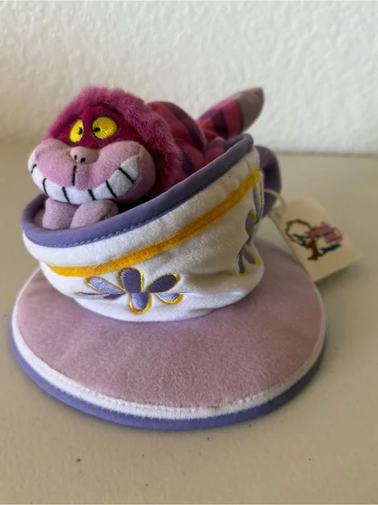Disney Bean Bag Plush CHESHIRE CAT TEA CUP Alice in Wonderland 6”