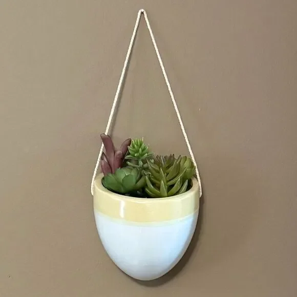 Faux Hanging Cactus Plant Wall Decor Green White Yellow