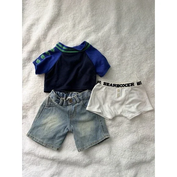 Build‑A‑Bear Blue & Green Stripe Shirt, Jeans & Boxers – Authentic BAB