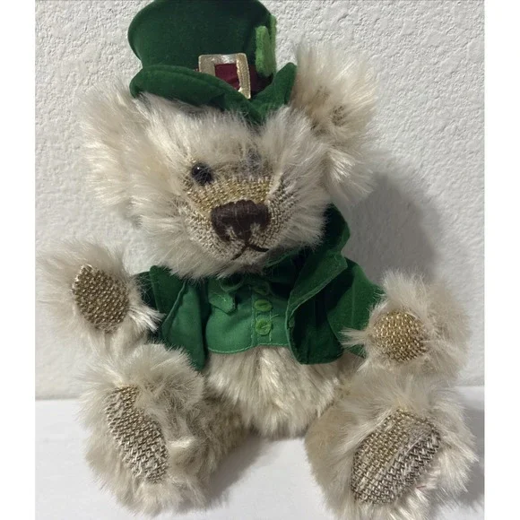 ST. PATRICK'S DAY Jointed Stuffed Mohair Bear Toy Top Hat Vest  T.L. Toys 9
