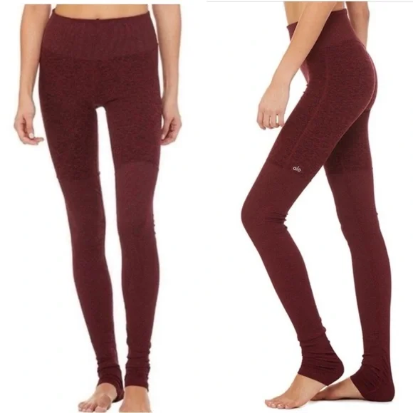 ALO YOGA Goddess Ribbed Ruched Maroon Burgundy Contrast Leggings