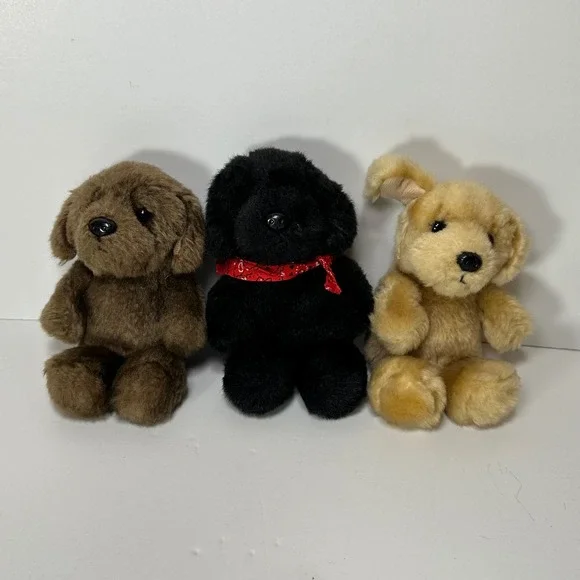 Vtg Cabelas Kid Plush Puppy Dog Set Chocolate Black Yellow Lab Stuffed Animal 6