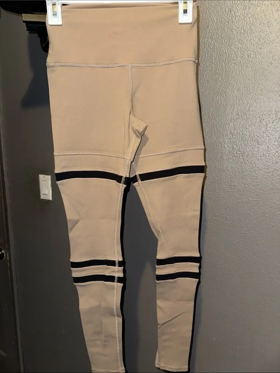 Women High-Waist Beige Leggings with Black Stripe Detail