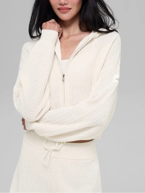 ALO YOGA Cashmere Plush Waffle Full Zip Hoodie Ivory White XS NWOT Luxury