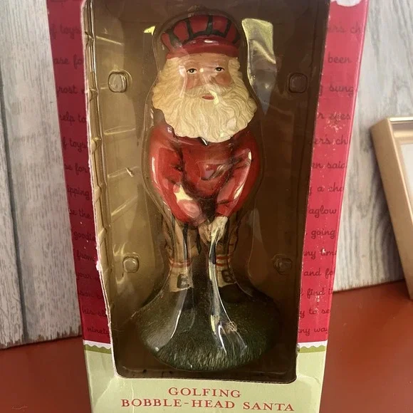 Vintage 2002 Golfing Bobble-Head Santa Hand-Sculpted Figurine