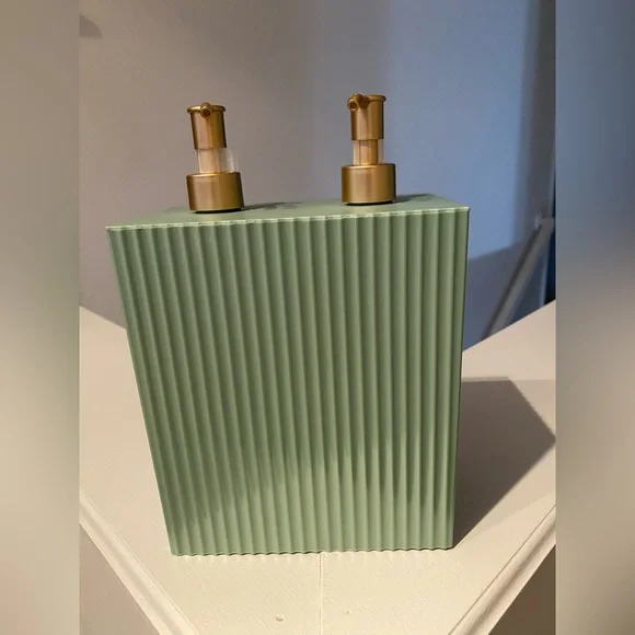 Green Ribbed Soap and lotion Dispenser with Gold Pumps