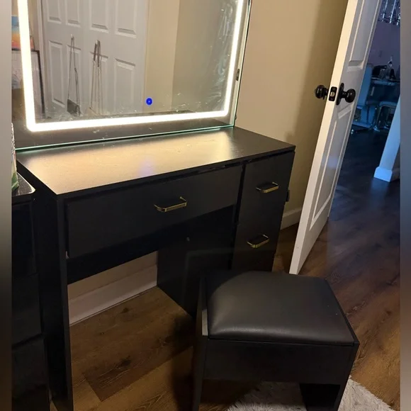 Black Vanity Table with Mirror and Stool