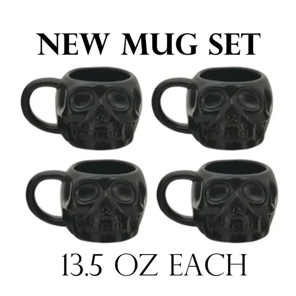 NEW Skull Mug Set of 4 Stackable Mugs Dia De Los Muertos Skulls Halloween Stone