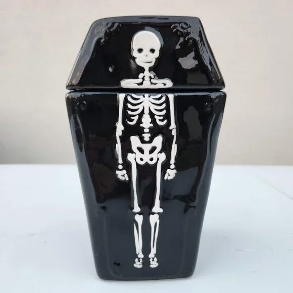 NEW Ceramic Coffin Jar Bathroom Decor Black Goth Skeleton Party Decorations Gift