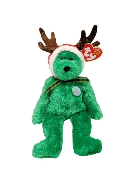 Ty Beanie Babies 2002 Holiday Teddy Bear Plush Antlers Santa Hat Festive Retired
