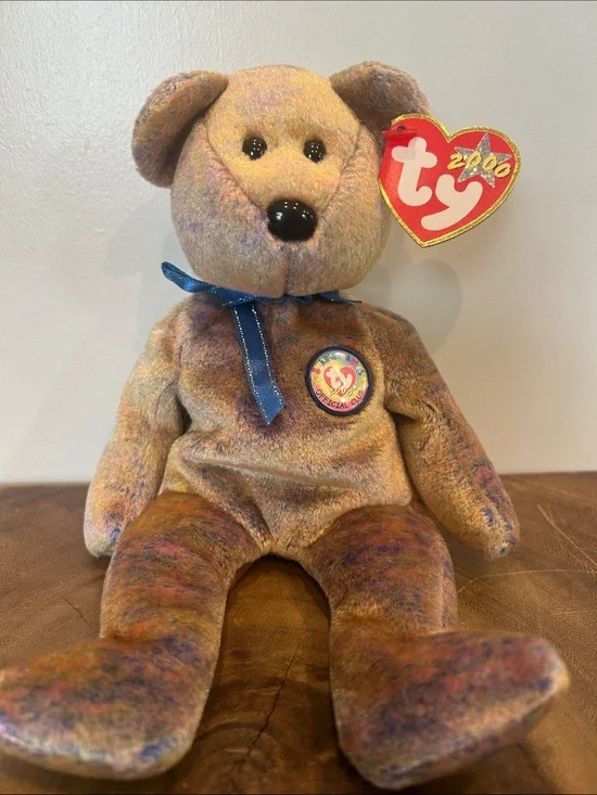 Ty Multicolor Plush Bear with Blue Ribbon and Heart Tag