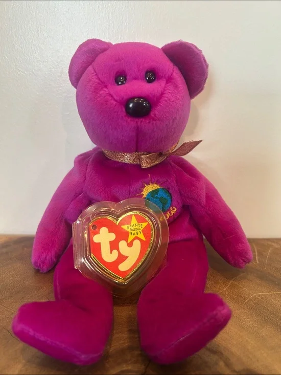Ty Purple Plush Bear with Embroidered Globe & Ribbon