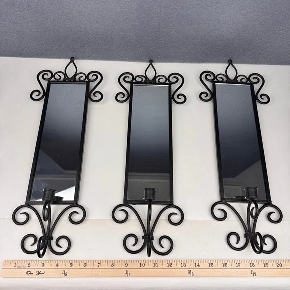 Vtg Set of 3 Black Metal Wall Mount Mirror Rectangle Taper Candle Holder Gothic