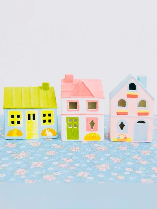 Target Bullseye Playground Spring SET OF 3 Ceramic Light Up Pastel Houses