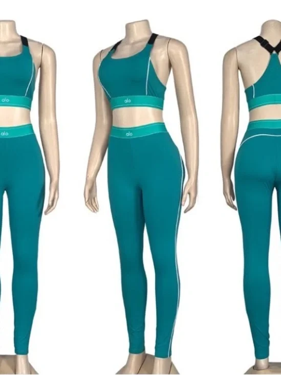 ALO Yoga Teal Active Bra & Leggings Set with White Piping size Medium