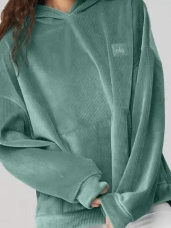 Alo Oversized Velour Ribbed Baller Hoodie in Seafoam Green XL