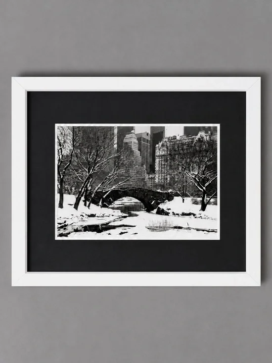 Framed Photograph Central Park NY bridge winter snow black white