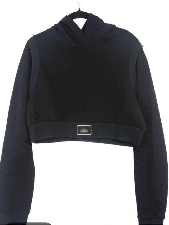 ALO Yoga Black Quilted Cropped Arena Hoodie Diamond Knit Pullover Size M