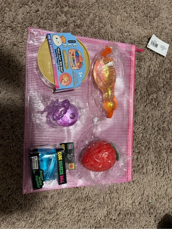 Assorted Kids Sensory Toy Set - Pink Mesh Pouch with Red, Purple, Orange Toys