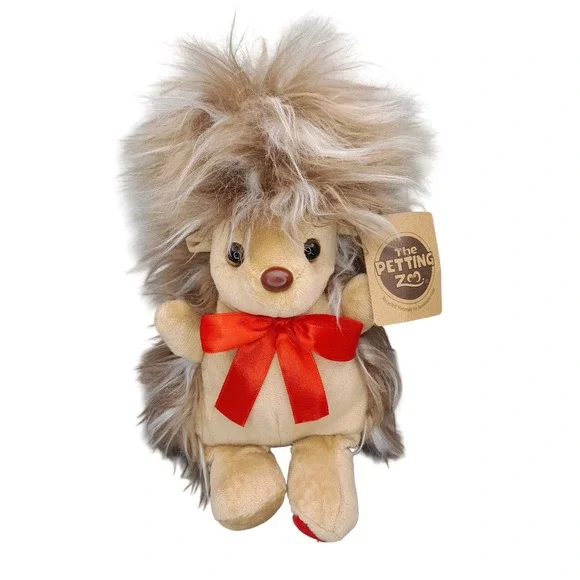 The Petting Zoo Hedgehog Plush Red Bow Heart Recycled Materials Tan Brown 9