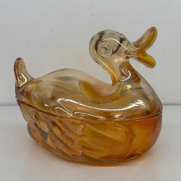 Jeanette Duck Powder Dish Iridescent Amber Glass Trinket Mamma Quack 1940's
