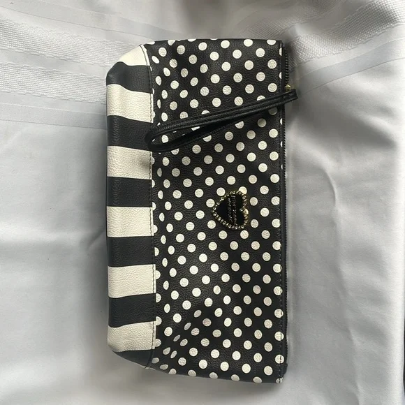 Betsy Johnson B & W polka dot with stripes cosmetic bag
