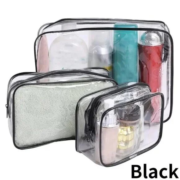 Travel Passions - 3 Piece Black Travel Passions Waterproof Portable Comestic Bag