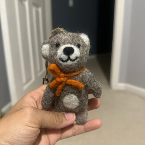 Handmade Wool Felt Bear Keychain‎ with Orange Bow