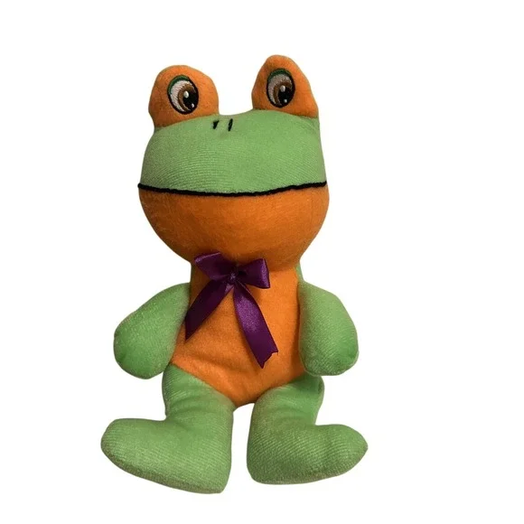 Frog Plush Toy NWT New w/ Tag Toy Works Green/orange‎ with purple bow- 10