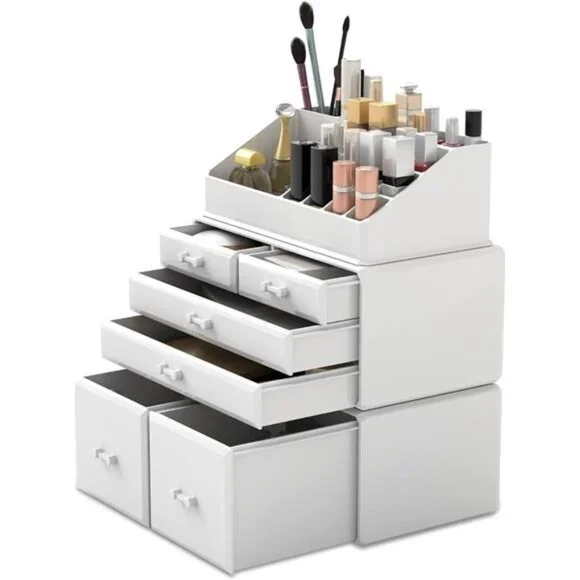Makeup Organizer 3 Pieces Cosmetic Storage Case with 6 Drawers (White)
