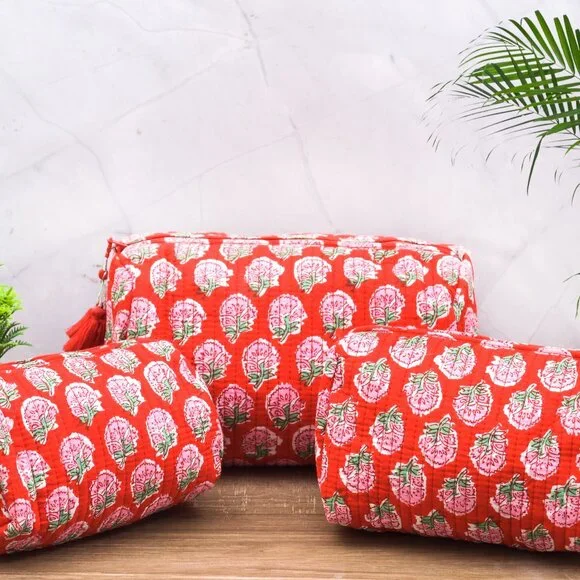 100% Cotton Toiletry Bag Floral Print Toiletry Red Color Bag Pack of 3 for Women