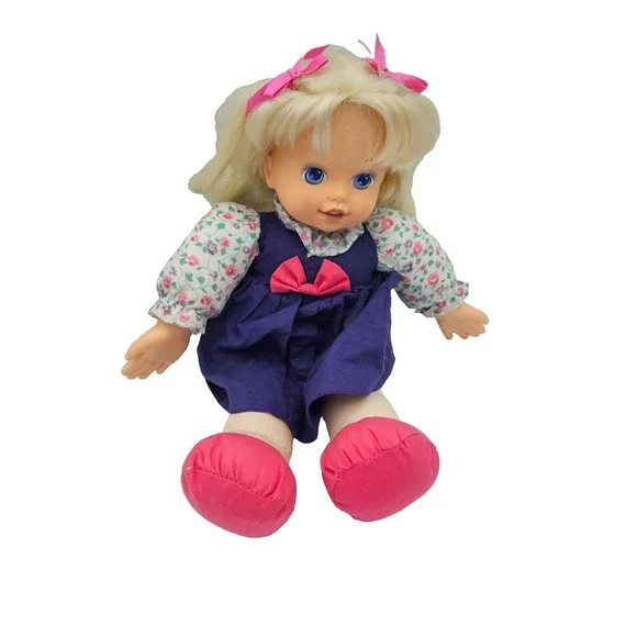 Vintage Plush‎ Baby Doll Blonde Hair Blue Eyes Pink Shoes Floral Dress Toy